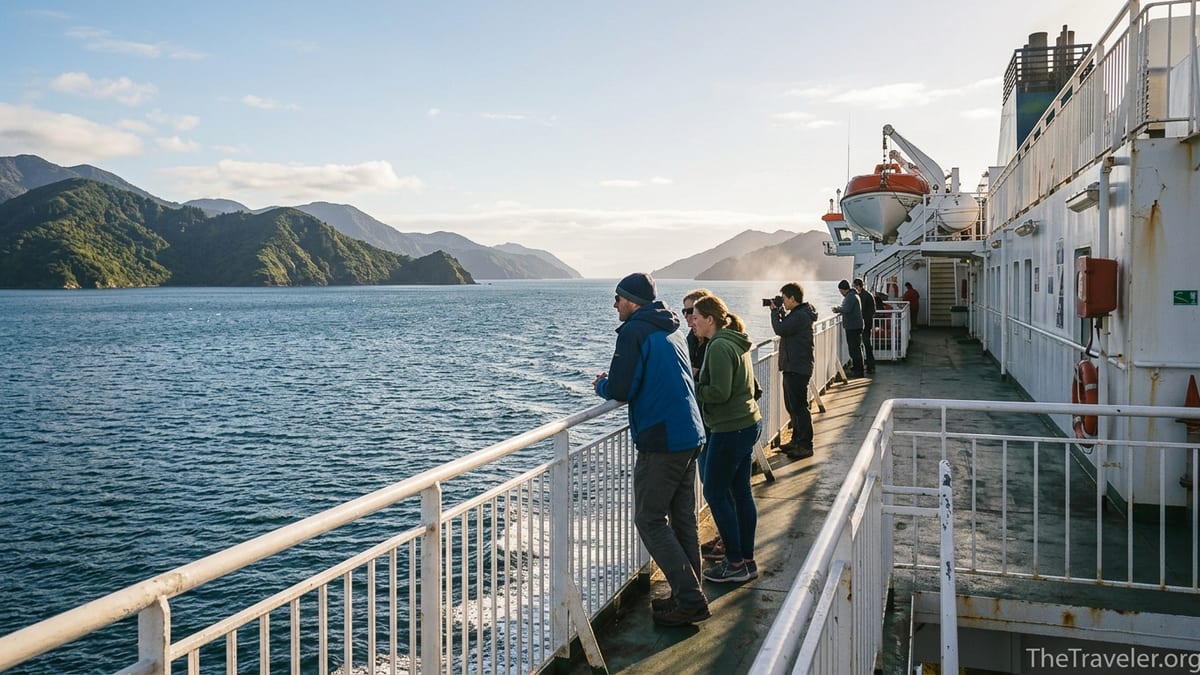 Passengers on the deck of a Cook Strait ferry sailing toward the Marlborough Sounds on a clear afternoon.