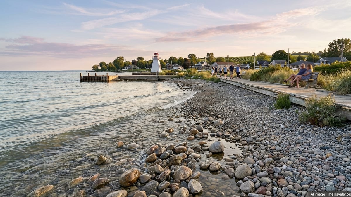 Pebble beach and boardwalk in Wellington, Ontario with lighthouse and village along Lake Ontario at sunset.