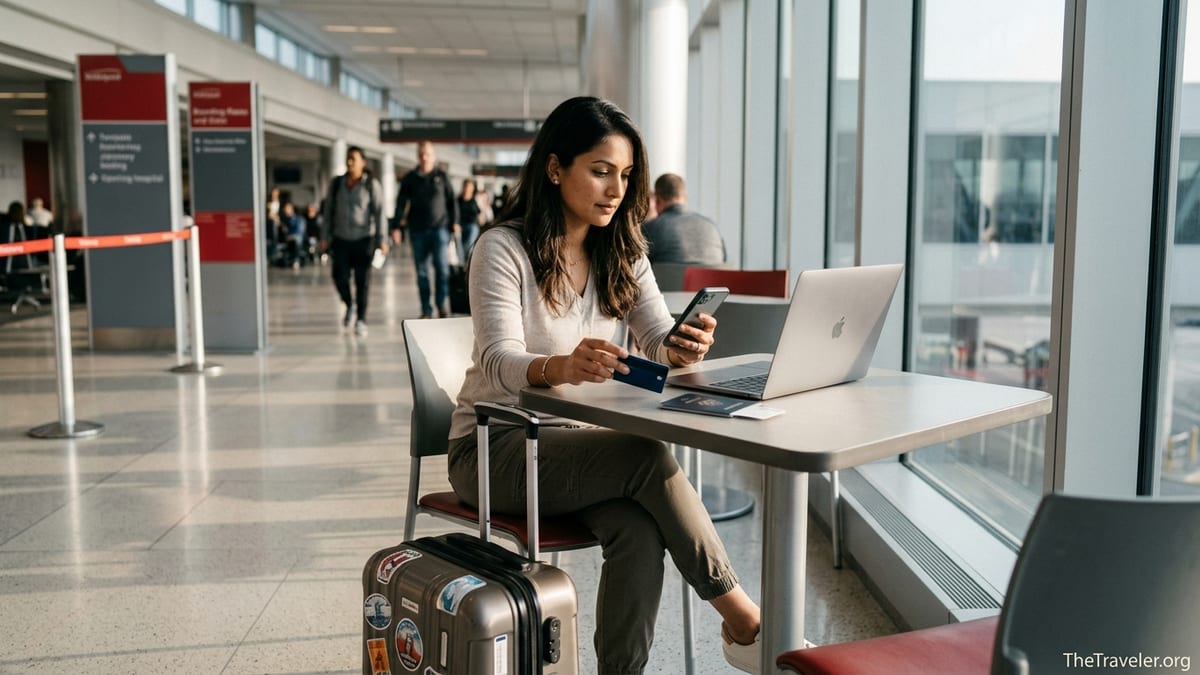 Traveler using a credit card at an airport café table with suitcase and laptop nearby.