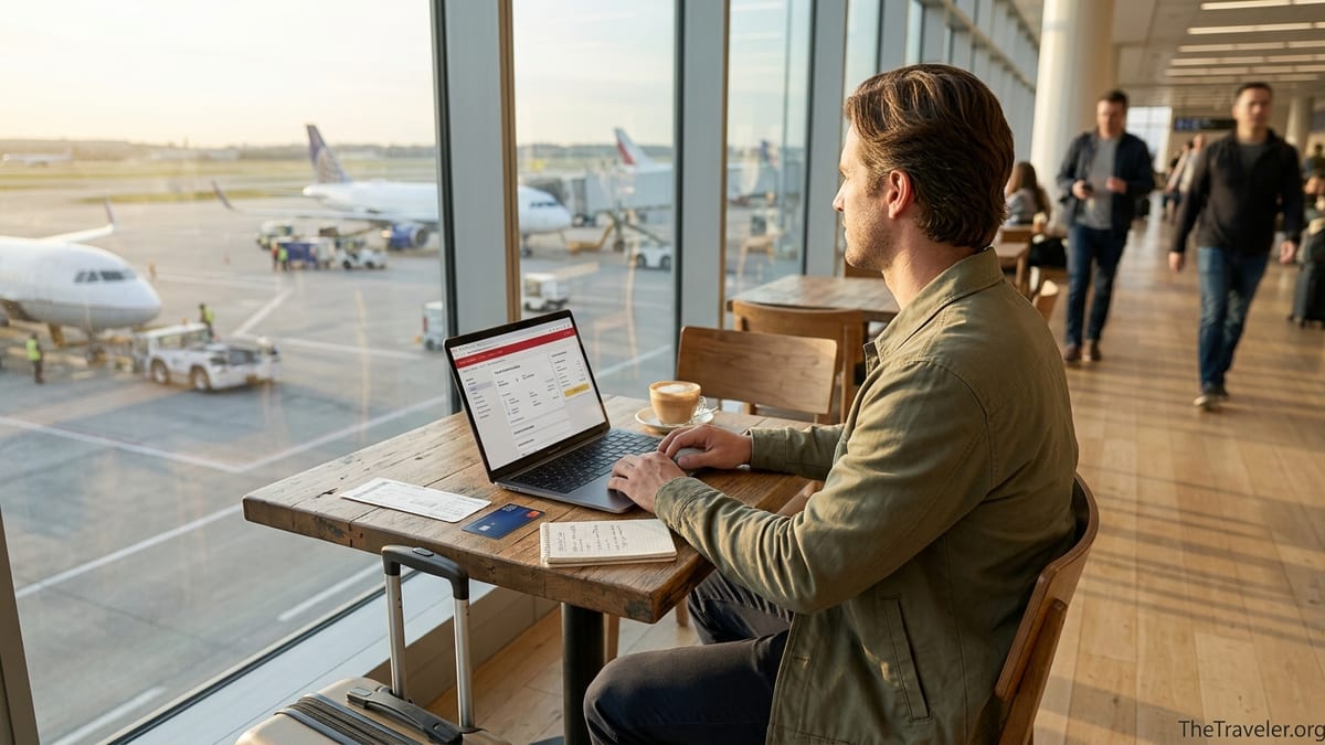 Traveler comparing a travel credit card and flight bookings at an airport cafe table.