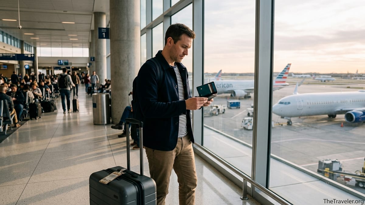 Traveler at airport window holding wallet of credit cards, pondering which travel card to use.