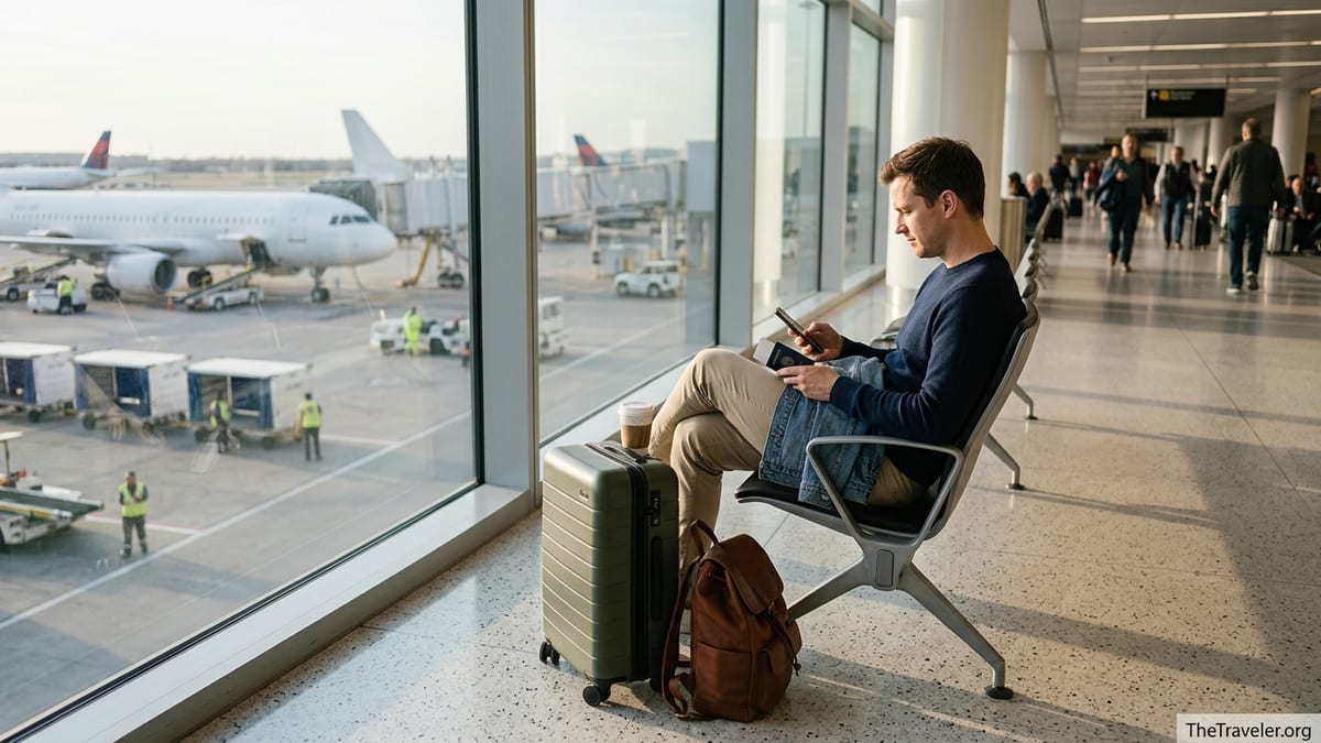 Traveler in an airport terminal by a window holding a credit card and passport.