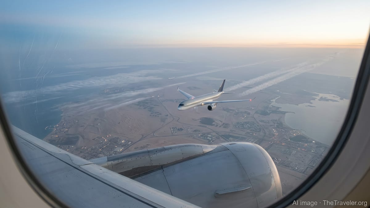 Airliner wing and nearby jet over West Asian desert at dawn, showing busy but orderly skies.