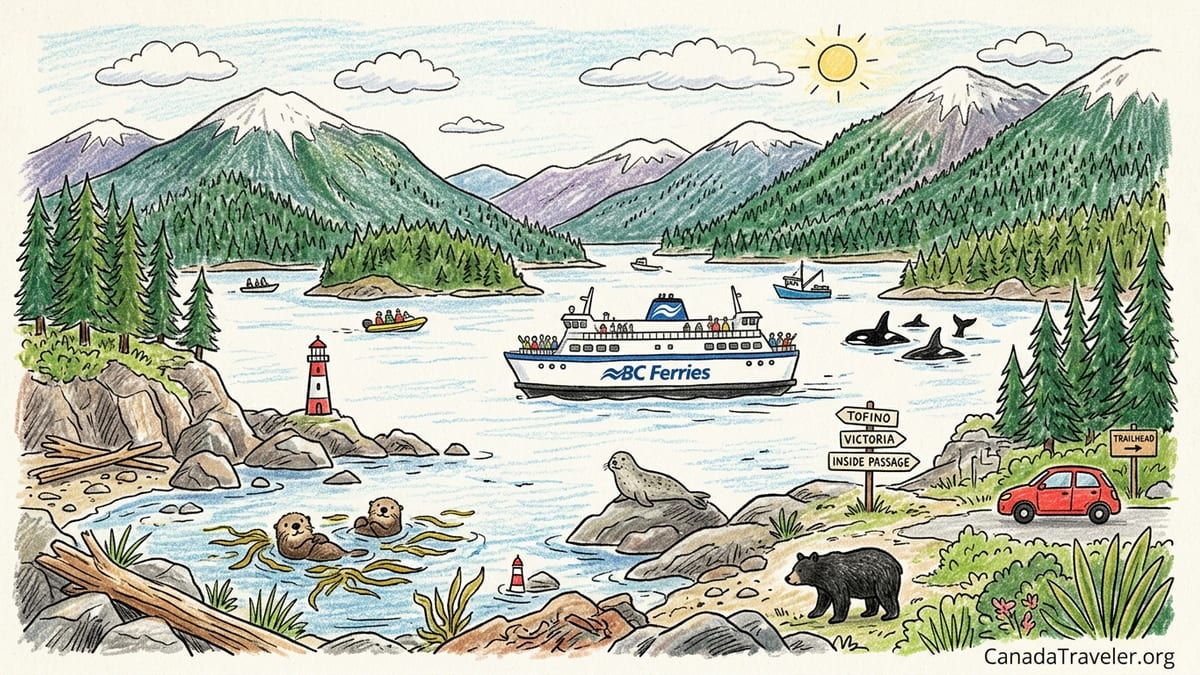 A BC ferry crosses between Vancouver and Vancouver Island amid forested islands at sunset.