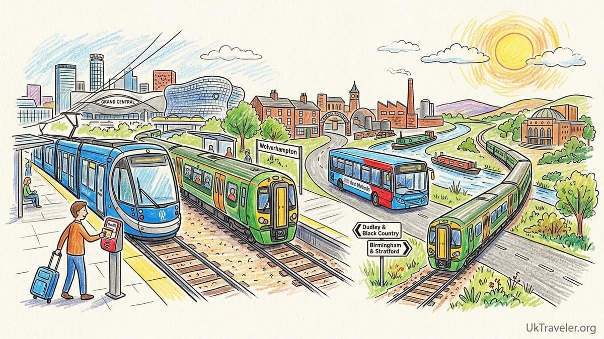 West Midlands tram, bus and train in central Birmingham with travelers and luggage at dusk.