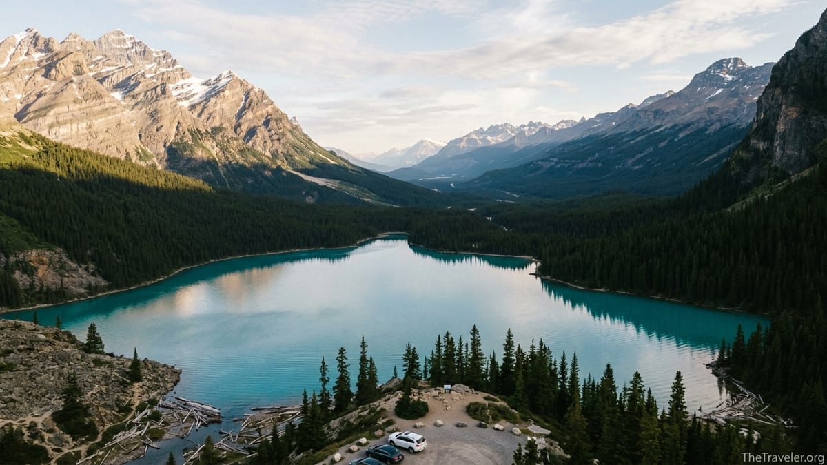 Aerial view of Moraine Lake and the Canadian Rockies under a summer sky.
