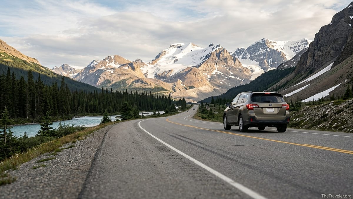 SUV driving the Icefields Parkway between Banff and Jasper under snow-capped peaks.