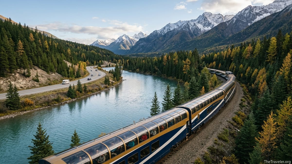 Rocky Mountaineer-style train along a turquoise river in the Canadian Rockies on a clear day.