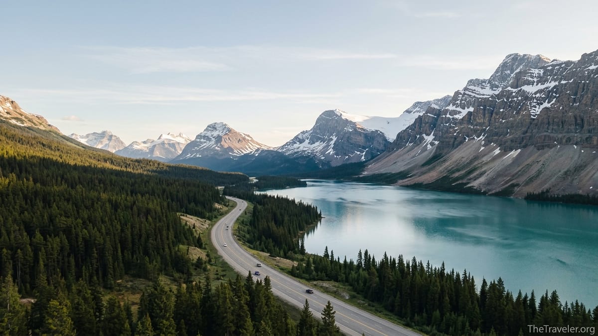 Aerial view of Lake Louise and highway with cars below snow capped peaks in the Canadian Rockies at sunset.