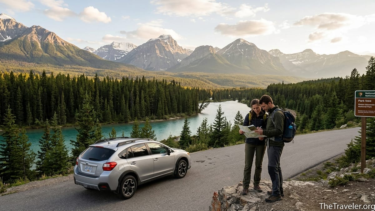 Couple planning a road trip at a viewpoint in the Canadian Rockies with car and lake below.