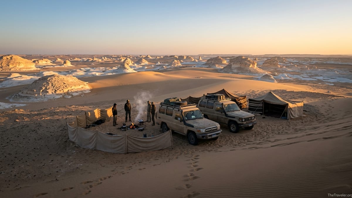 4x4 vehicles and a small camp among white rock formations in Egypt’s Western Desert at sunrise.