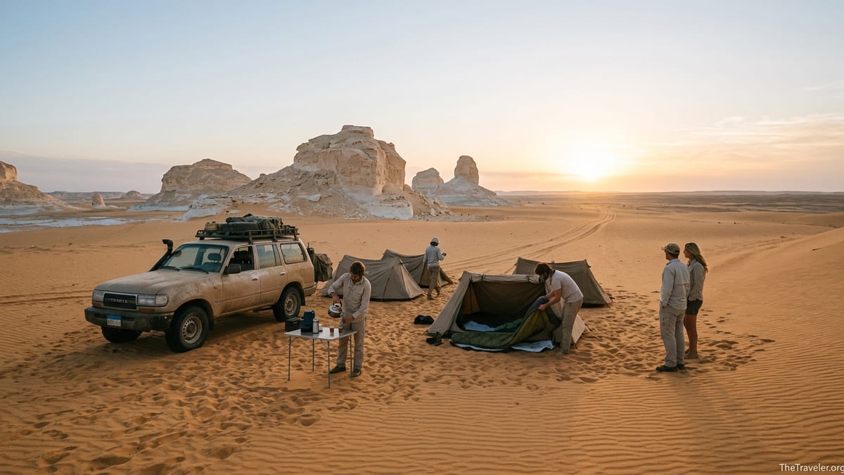 4x4 jeep and small desert camp at sunset in Egypt’s Western Desert near white rock formations.
