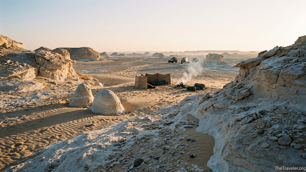 Sunrise over Egypt’s White Desert with remote 4x4 camp and chalk formations.