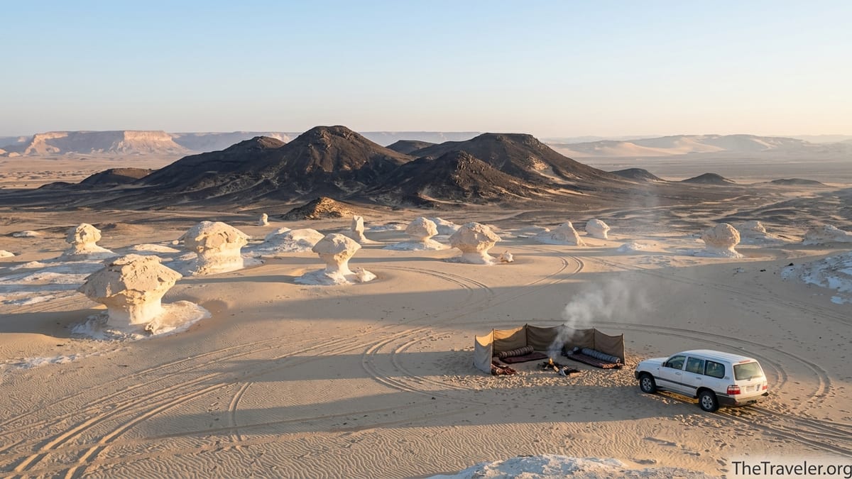 Panoramic view of Egypt’s Western Desert with White Desert formations, Black Desert hills and a small Bedouin camp.