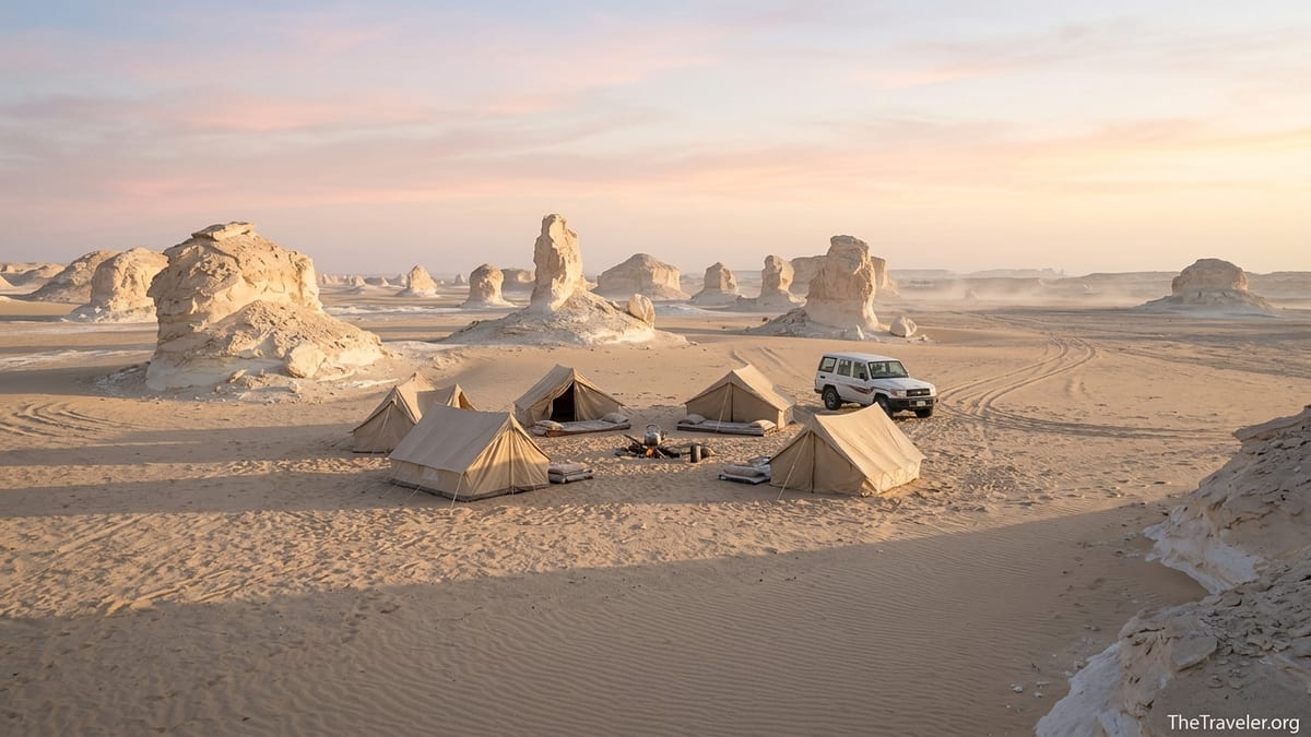 Mobile camp with tents and 4x4 among chalk formations in Egypt’s White Desert at sunrise.
