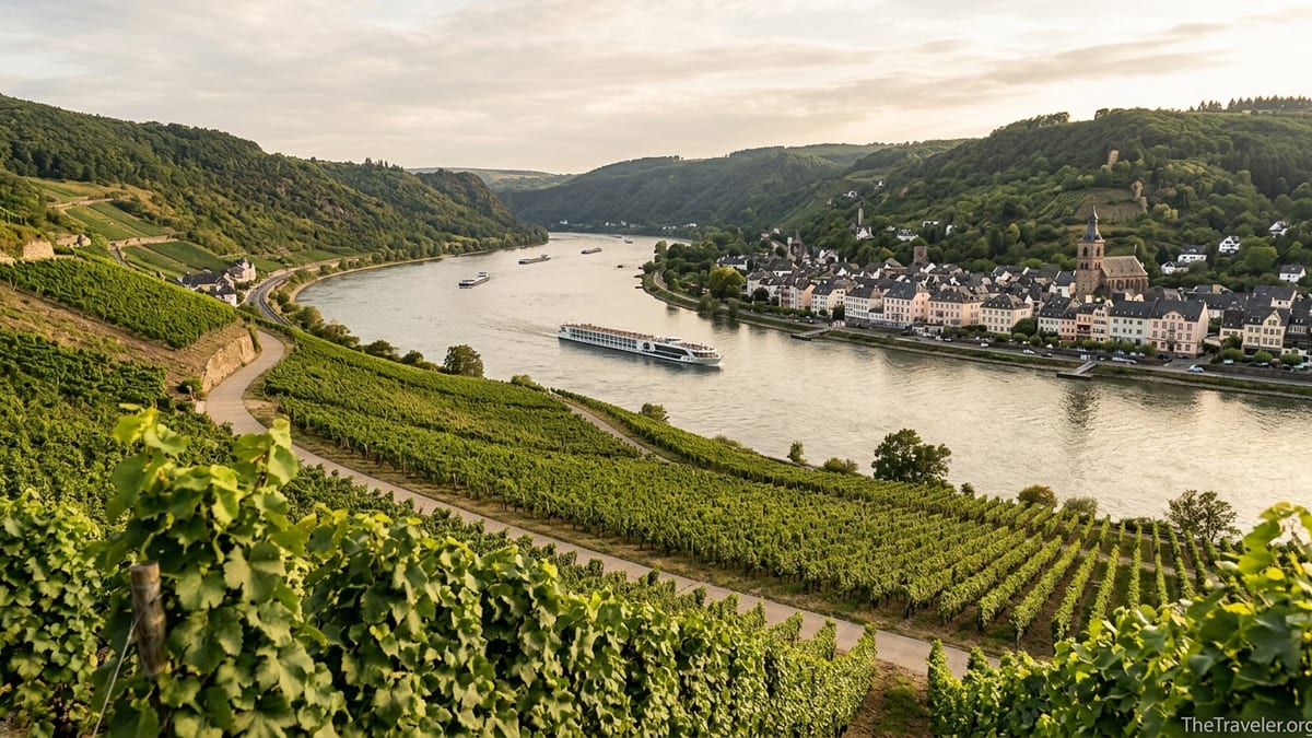 View over vineyards to a Rhine River bend and riverside town near Boppard in western Germany.
