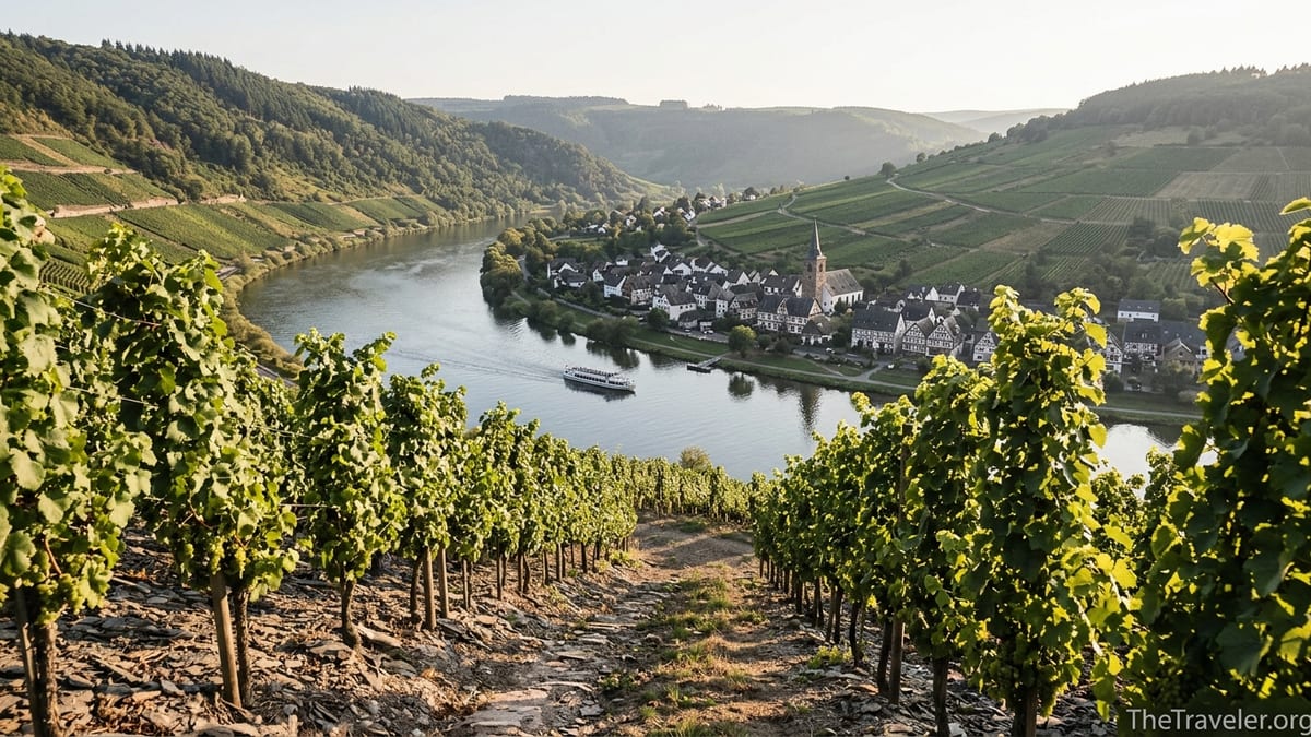Steep Moselle vineyard above a river bend and wine village at sunset in western Germany.