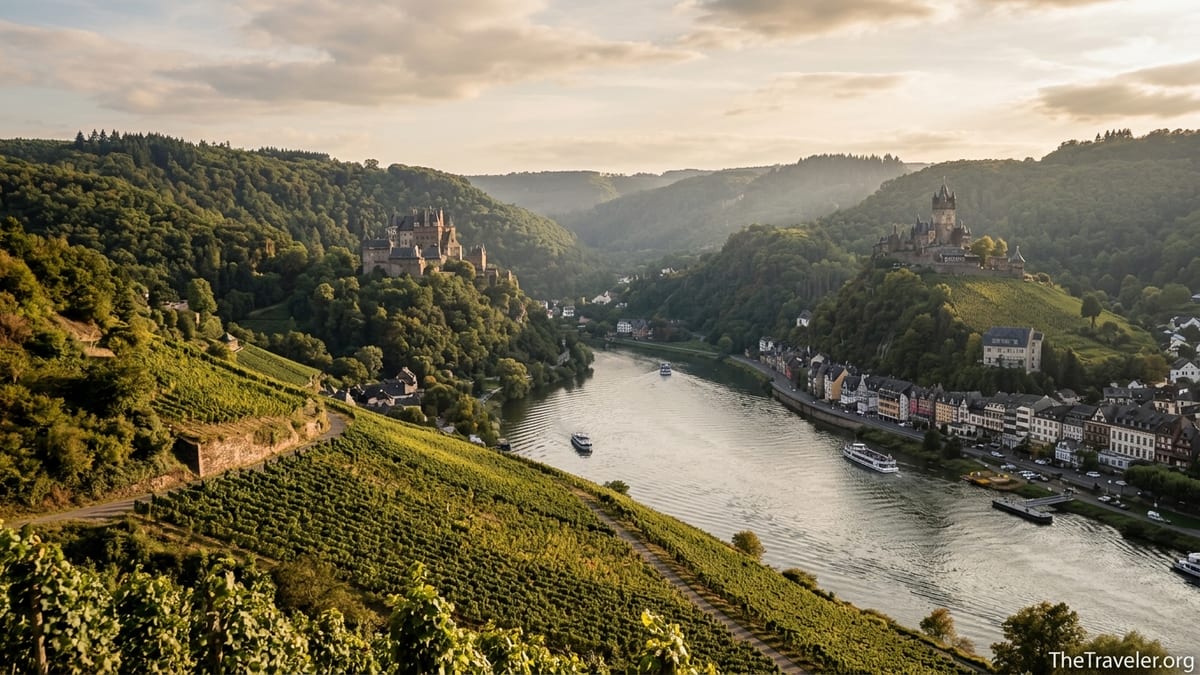 Rhine and Moselle valley castles above vineyards and river at golden hour