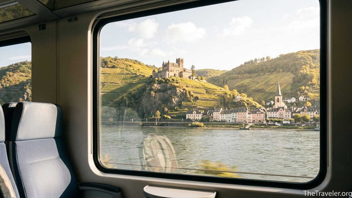 View from a Rhine Valley regional train window toward vineyards, castle and riverside town near Koblenz.