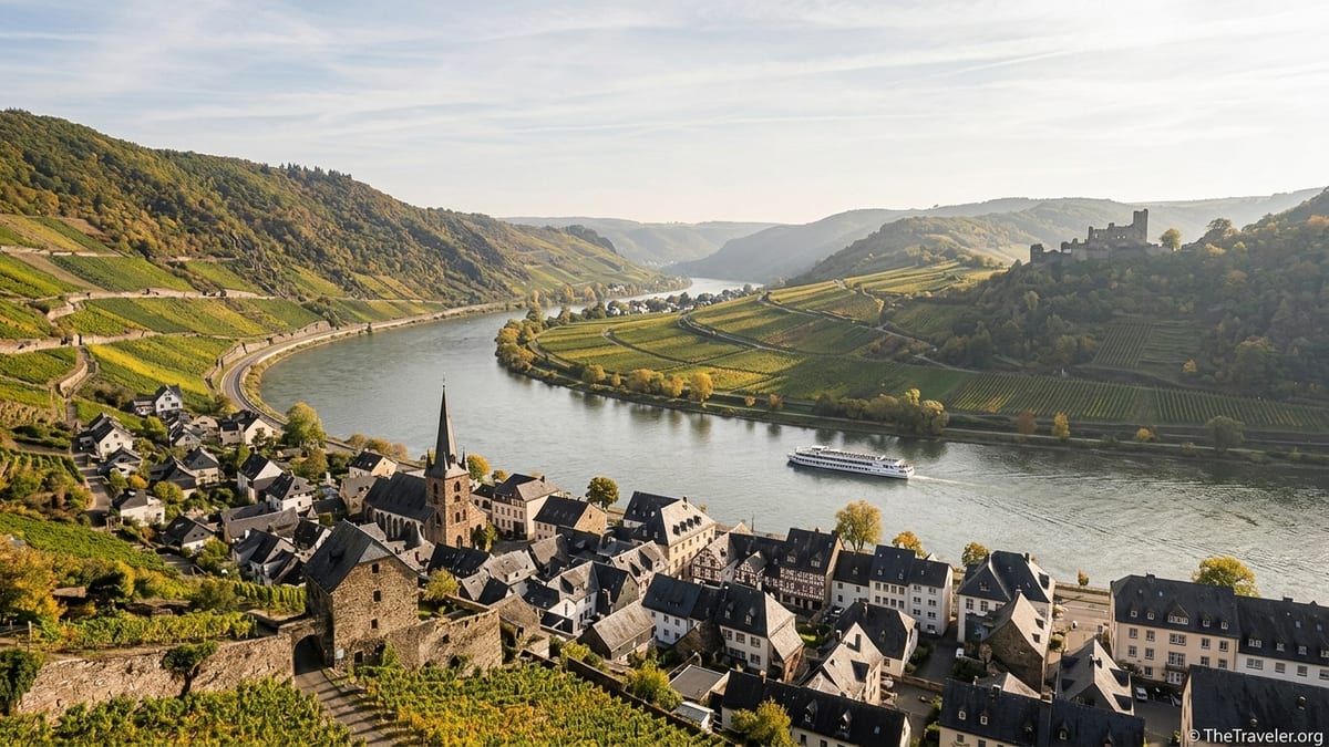 View over Germany’s Rhine Valley with vineyards, river bend, cruise boat and medieval town below.