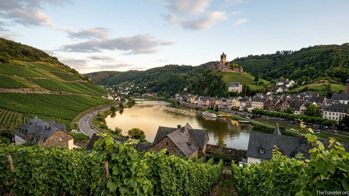View over Cochem and the Moselle River from hillside vineyards at sunset