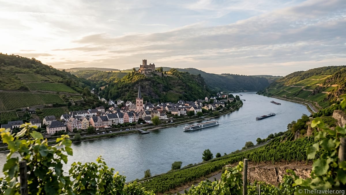 View over a Rhine Valley town with castle, vineyards and river boats at sunset