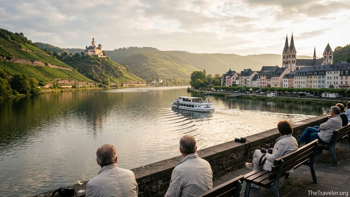 Evening view of the Rhine River near Koblenz with cruise boat, vineyards and castle.