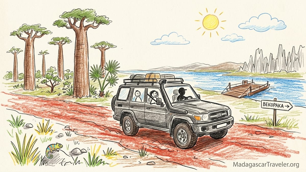 4x4 with driver and travelers on a dusty track near baobab trees in western Madagascar at sunrise.