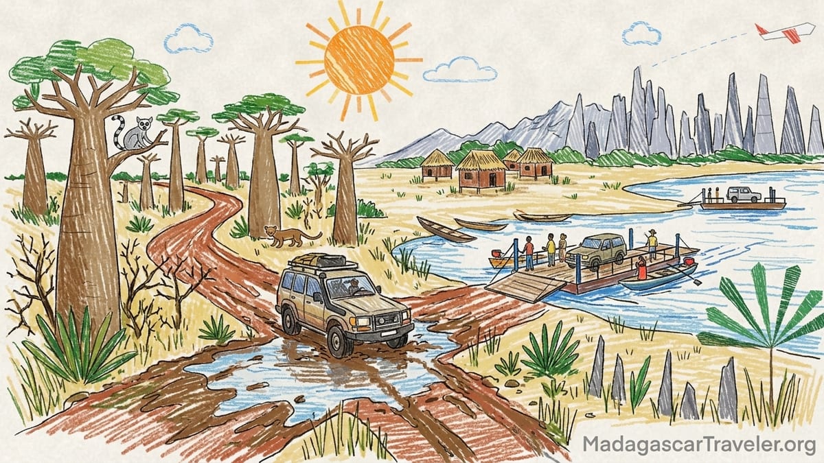 Sunrise over Madagascar’s Avenue of the Baobabs with a lone 4x4 on the red laterite track.