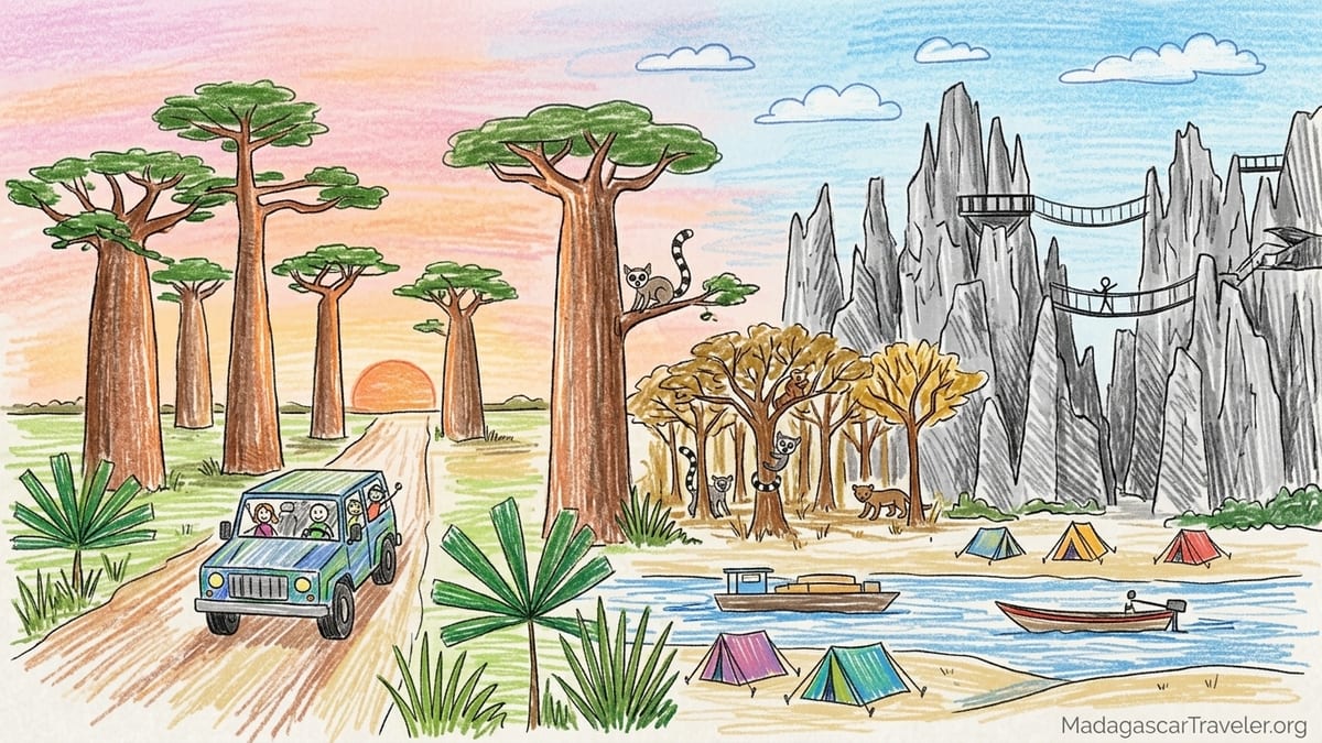 Baobab Avenue near Morondava at sunrise with a 4x4 and travelers on the dusty track