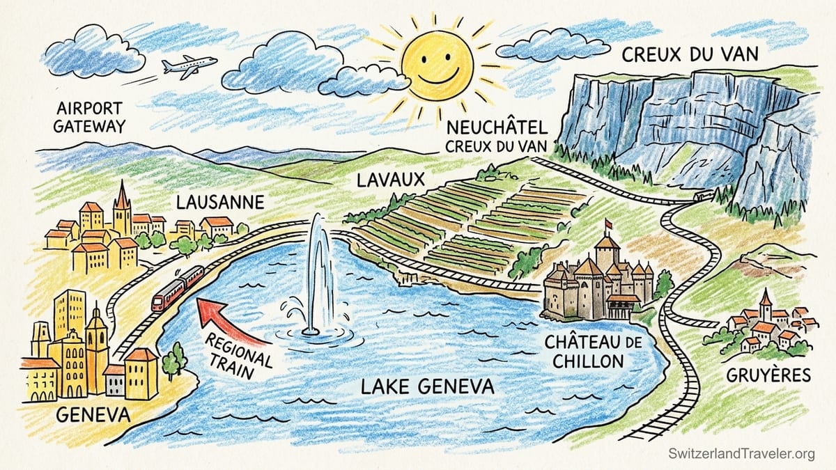 Lavaux vineyards above Lake Geneva with Montreux and the distant Alps at sunset.
