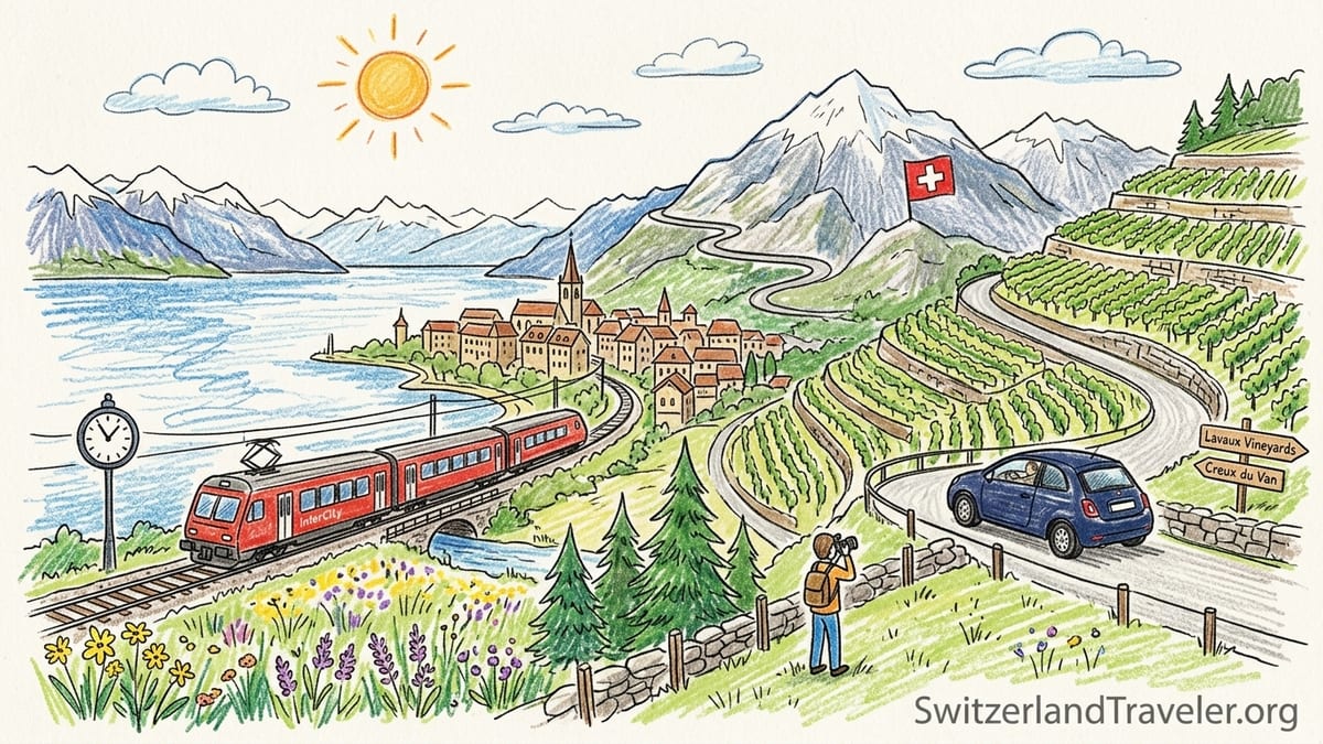 Terraced Lavaux vineyards above Lake Geneva at sunrise with a small car parked on a narrow vineyard road.