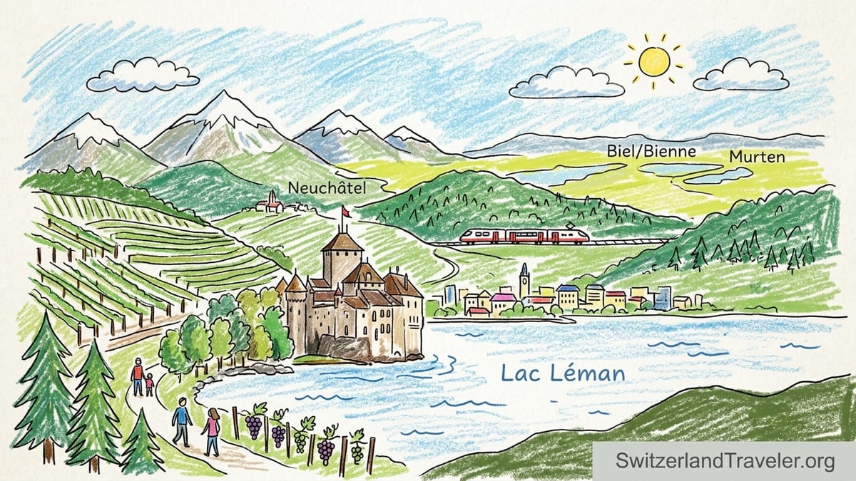 View over Lavaux vineyards and Lake Geneva with a paddle steamer and mountains in summer light.