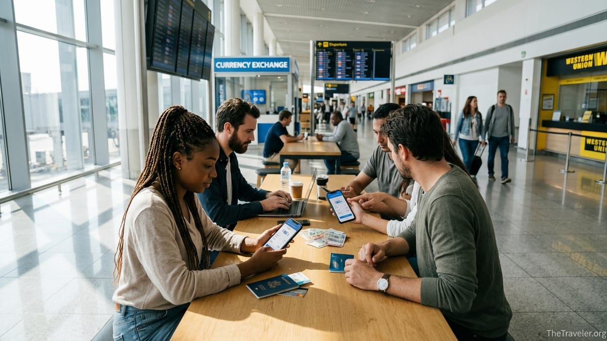 Travelers in an airport terminal comparing money transfer apps on their phones.