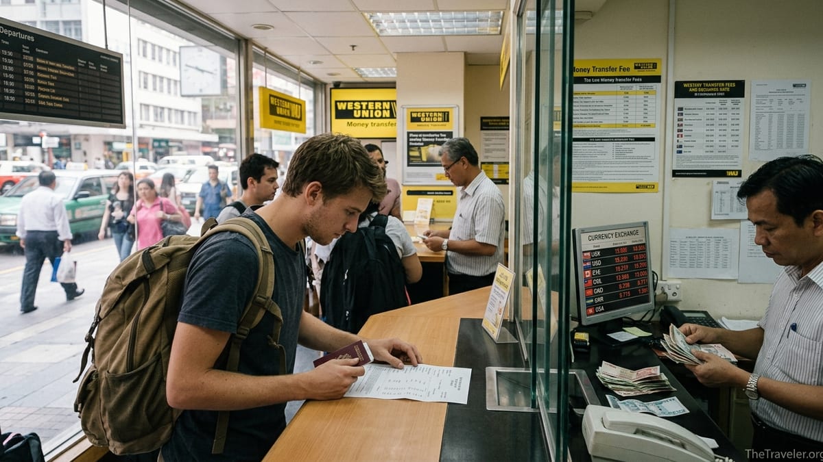 Traveler reviewing a Western Union money transfer receipt at an agent counter.
