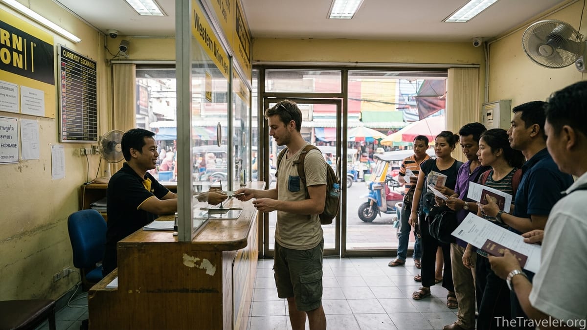 Traveler receiving cash at a busy Western Union counter in a foreign city.