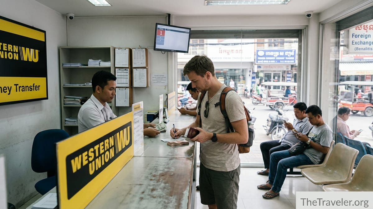 Traveler receiving cash at a Western Union counter in an overseas money exchange office.