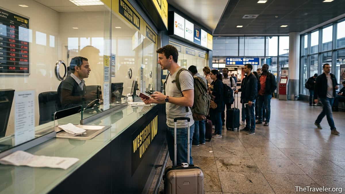 Traveler at a Western Union counter in a busy station comparing money transfer options.