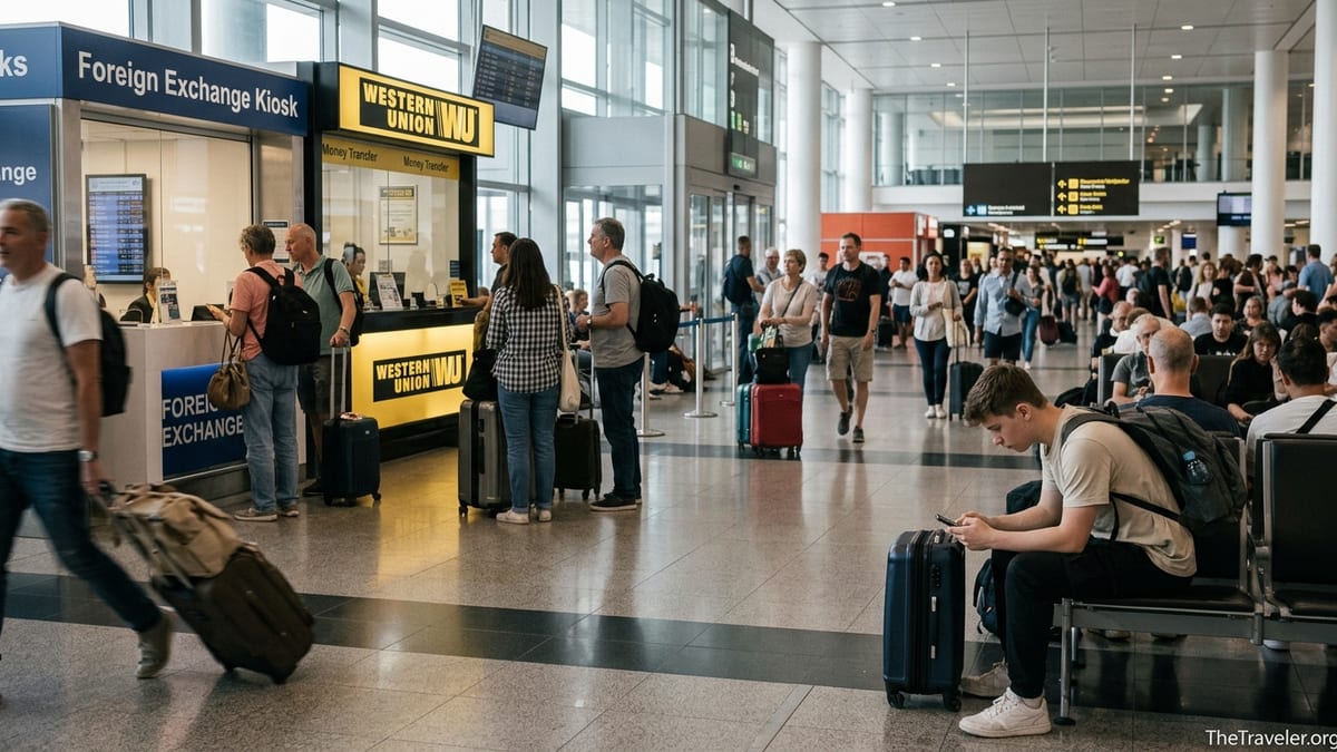 Travelers at an airport choosing between a Western Union counter and a phone money transfer app.