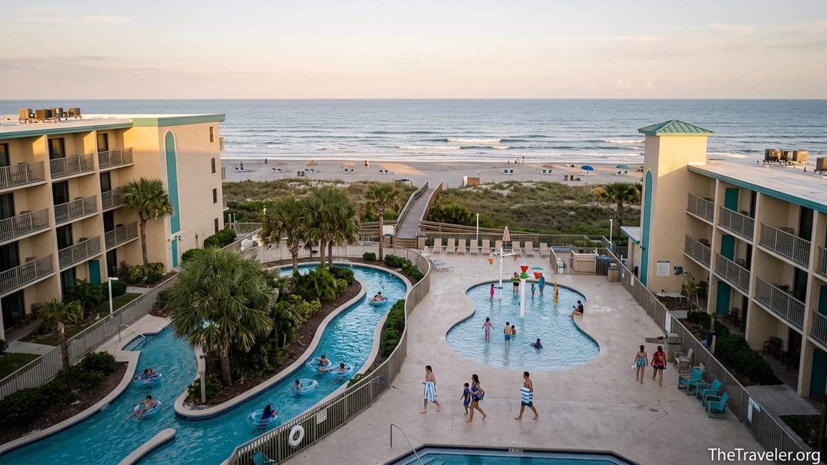 Families enjoying the lazy river and splash pad at Westgate Cocoa Beach Resort with the beach in the background.