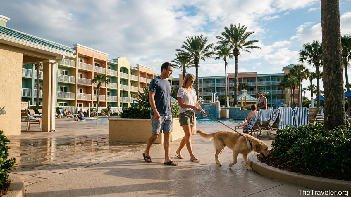 Couple walking a leashed dog along the path at Westgate Cocoa Beach Resort pool area.