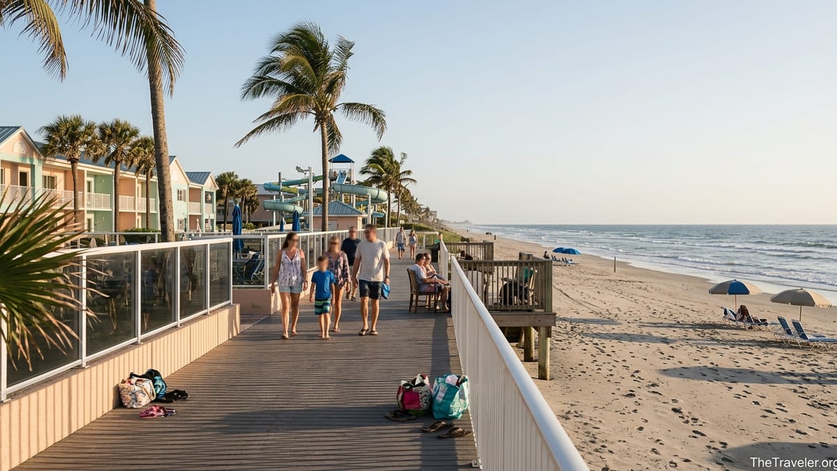Guests walking from Westgate Cocoa Beach Resort along a boardwalk toward the sandy beach at sunset.