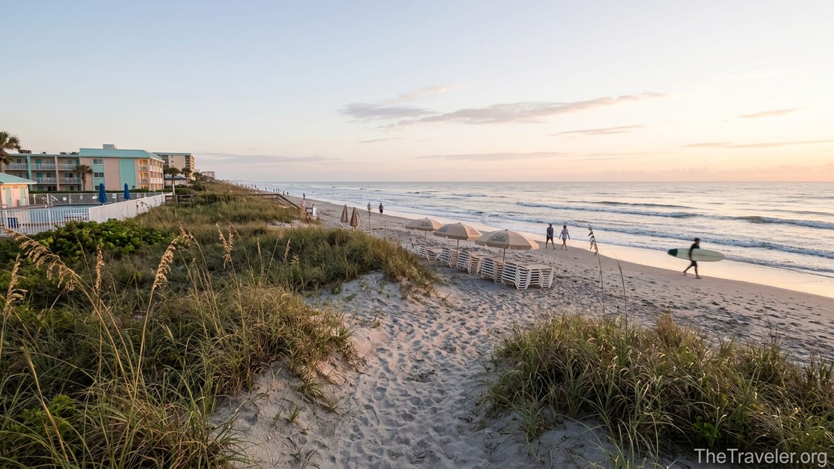Sunrise over the beach in front of Westgate Cocoa Beach Resort with dunes, chairs, and gentle waves.
