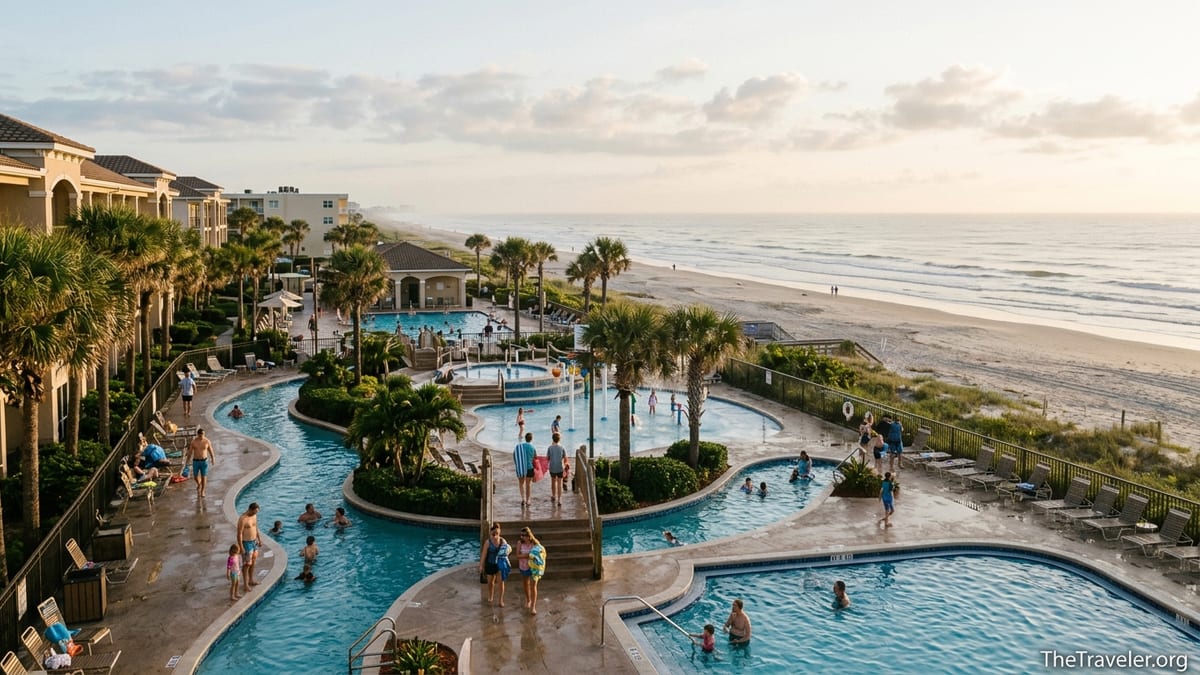 Aerial view of Westgate Cocoa Beach Resort pool and lazy river facing the beach at sunrise.