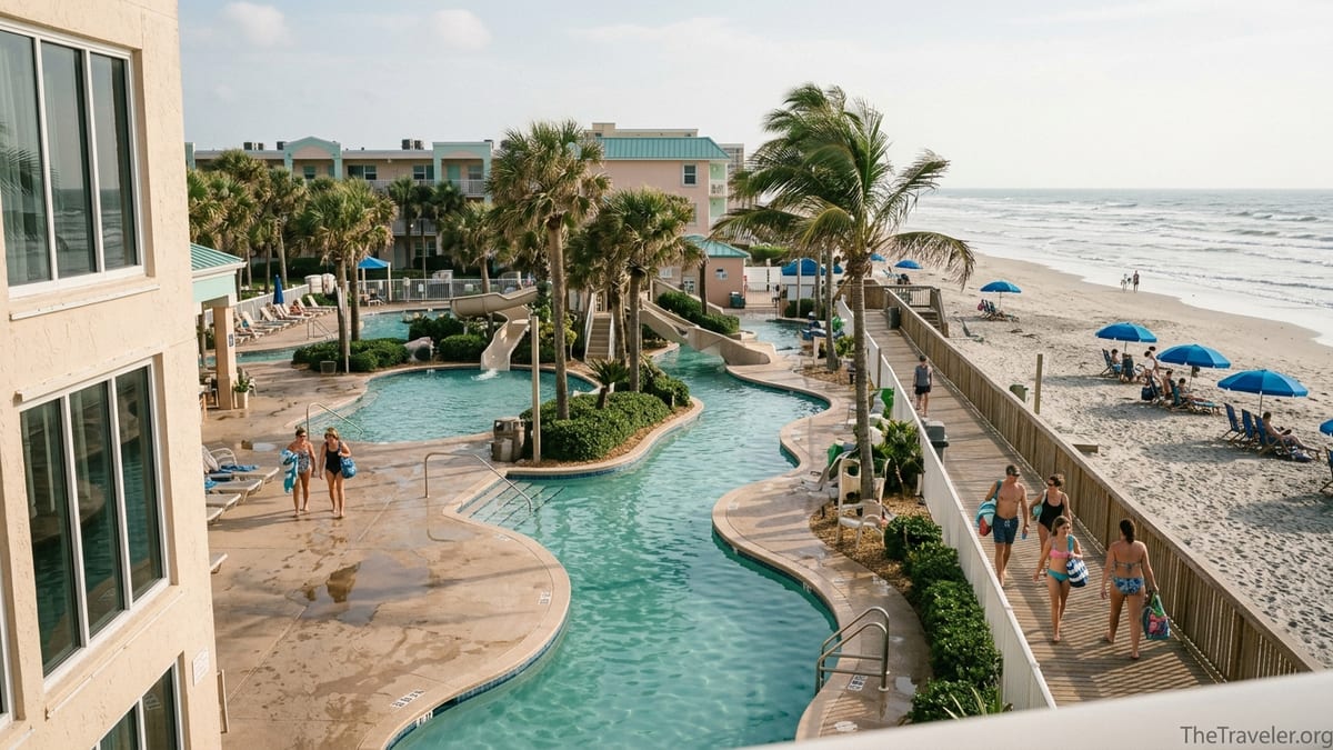 View over Westgate Cocoa Beach Resort pool and lazy river with Cocoa Beach in the background.