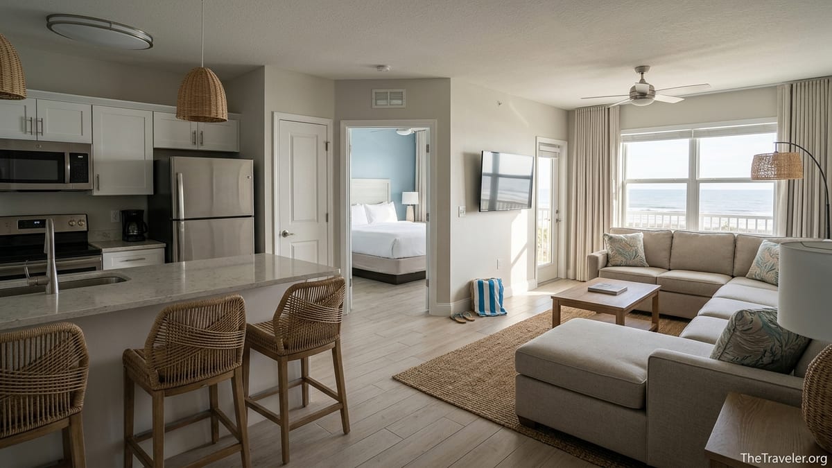 Modern two-bedroom villa living area and kitchen at Westgate Cocoa Beach Resort.