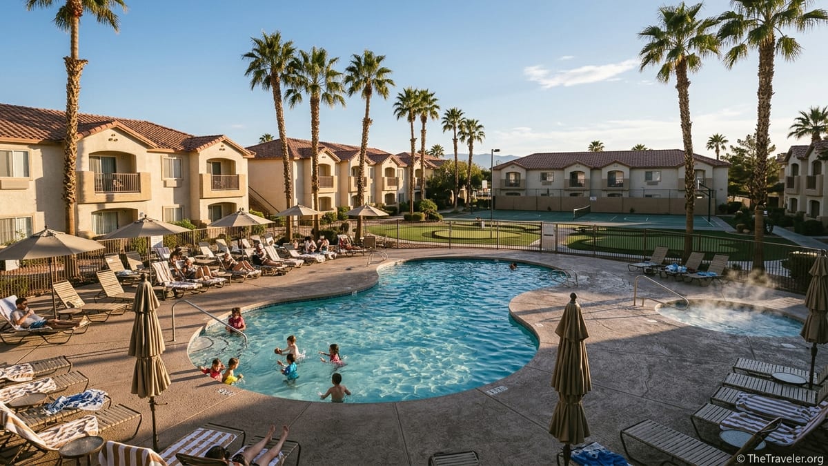 Family friendly pool and villas at Westgate Flamingo Bay Resort in Las Vegas at sunset.