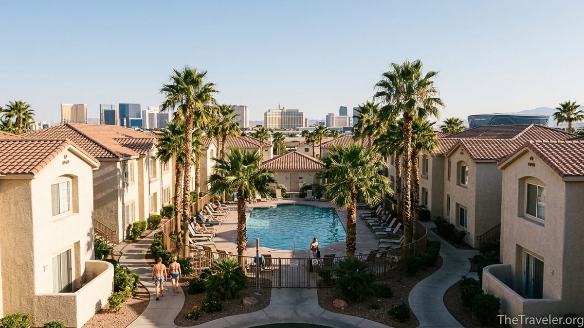 Pool and villas at Westgate Flamingo Bay with the distant Las Vegas Strip skyline.