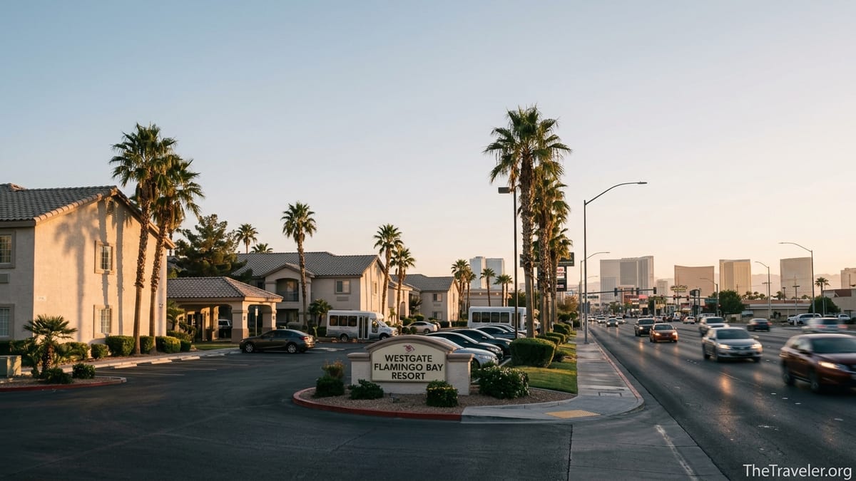 Westgate Flamingo Bay’s low-rise villas on West Flamingo Road with the distant Las Vegas Strip skyline at sunset.