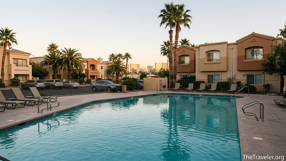 Pool and villas at Westgate Flamingo Bay Resort at sunset with palm trees and parking area.